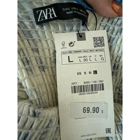 Zara Smocked Tie Strap Boho Linen Maxi Tiered‎ Dress Grecian Print Size Large - Picture 8 of 10